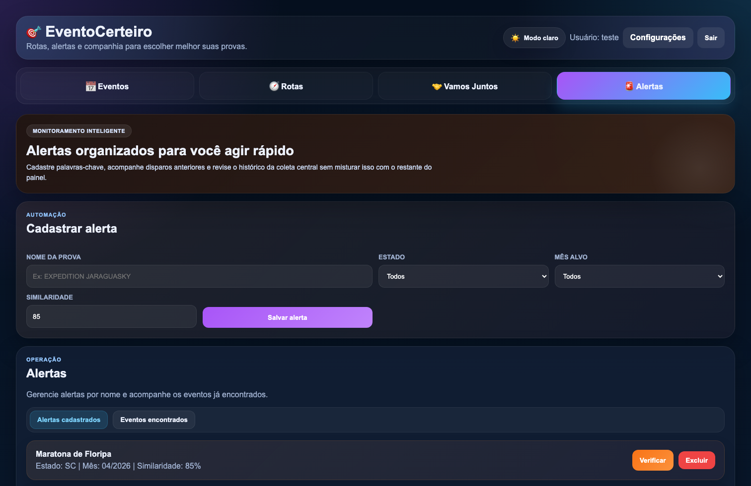 Tela de alertas da plataforma