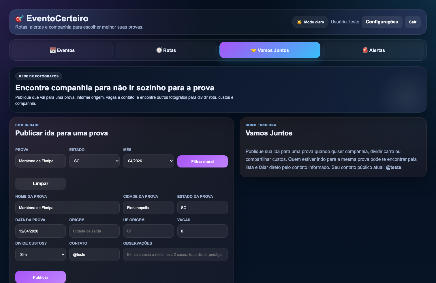 Área Vamos Juntos da plataforma